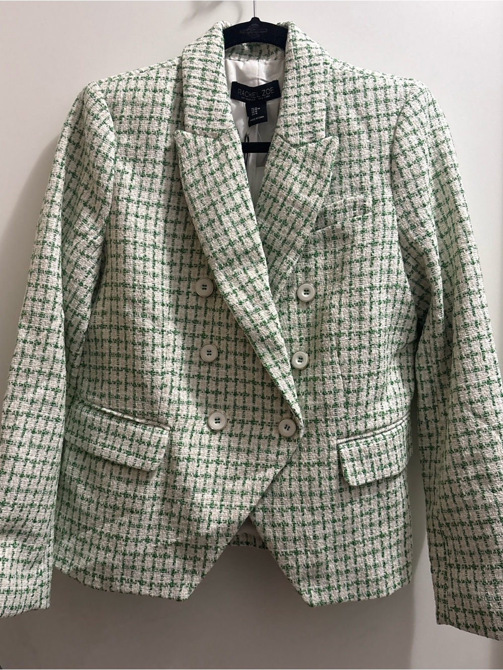 Rachel Zoe Green and White Tweed Double-Breasted Blazer